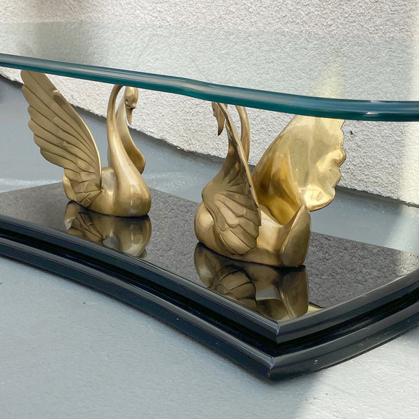 vintage hollywood regency brass swan and glass coffee table