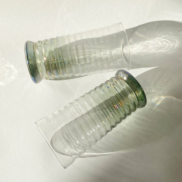 pair of smokey olive iridescent ribbed water glasses