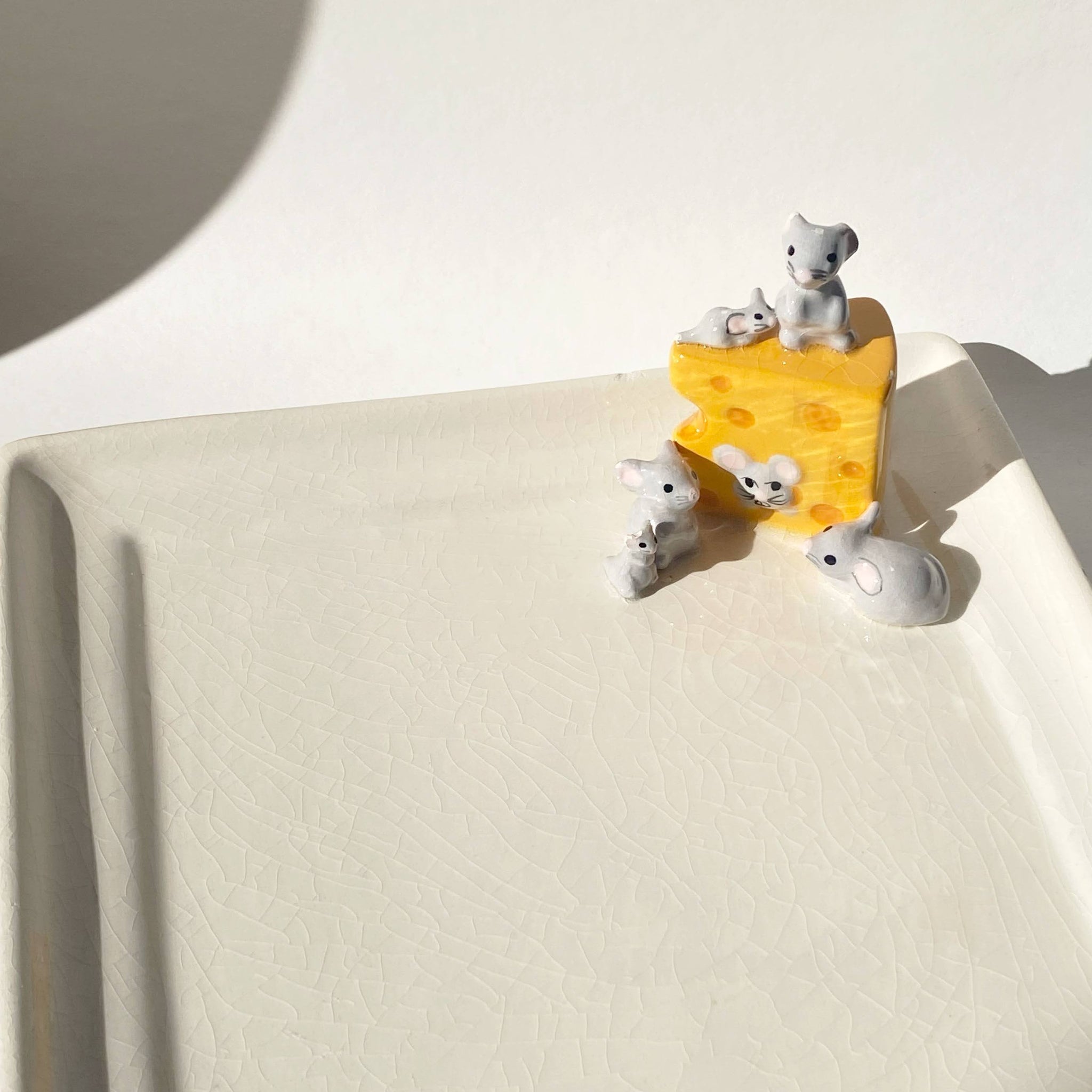 handmade ceramic mice and cheese plate