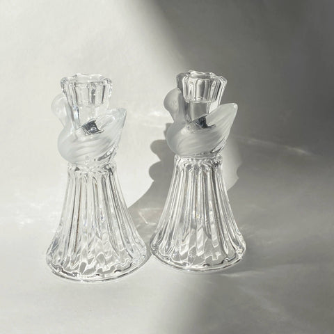 pair of vintage swan crystal candle holders