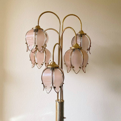 vintage waterfall brass and pink glass lotus floor lamp (as-is)