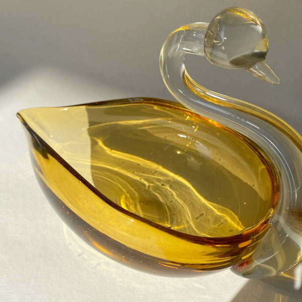 vintage yellow art glass swan catch-all