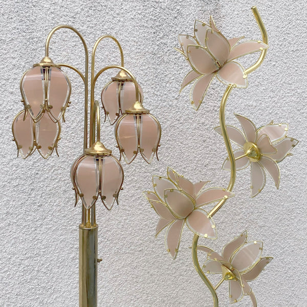 vintage brass and pink glass lotus floor lamp