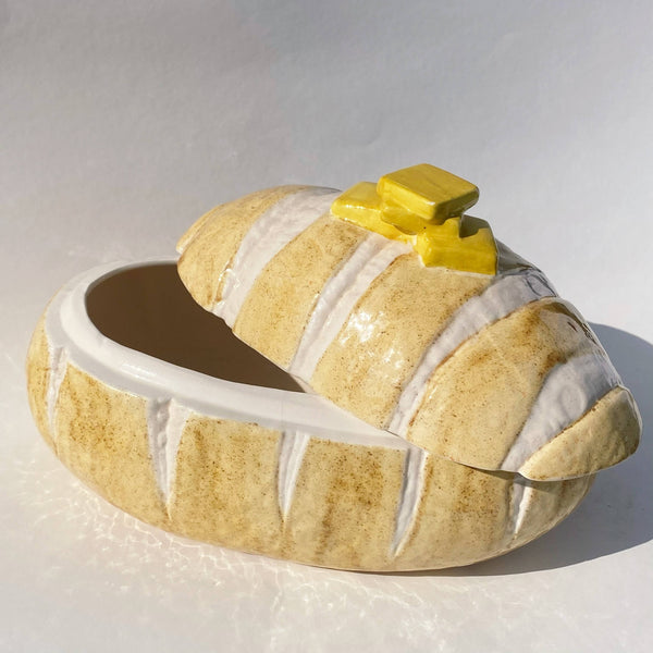 vintage ceramic buttered loaf of bread lidded bowl