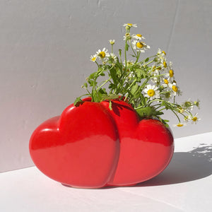 vintage teleflora red ceramic double heart vase vessel